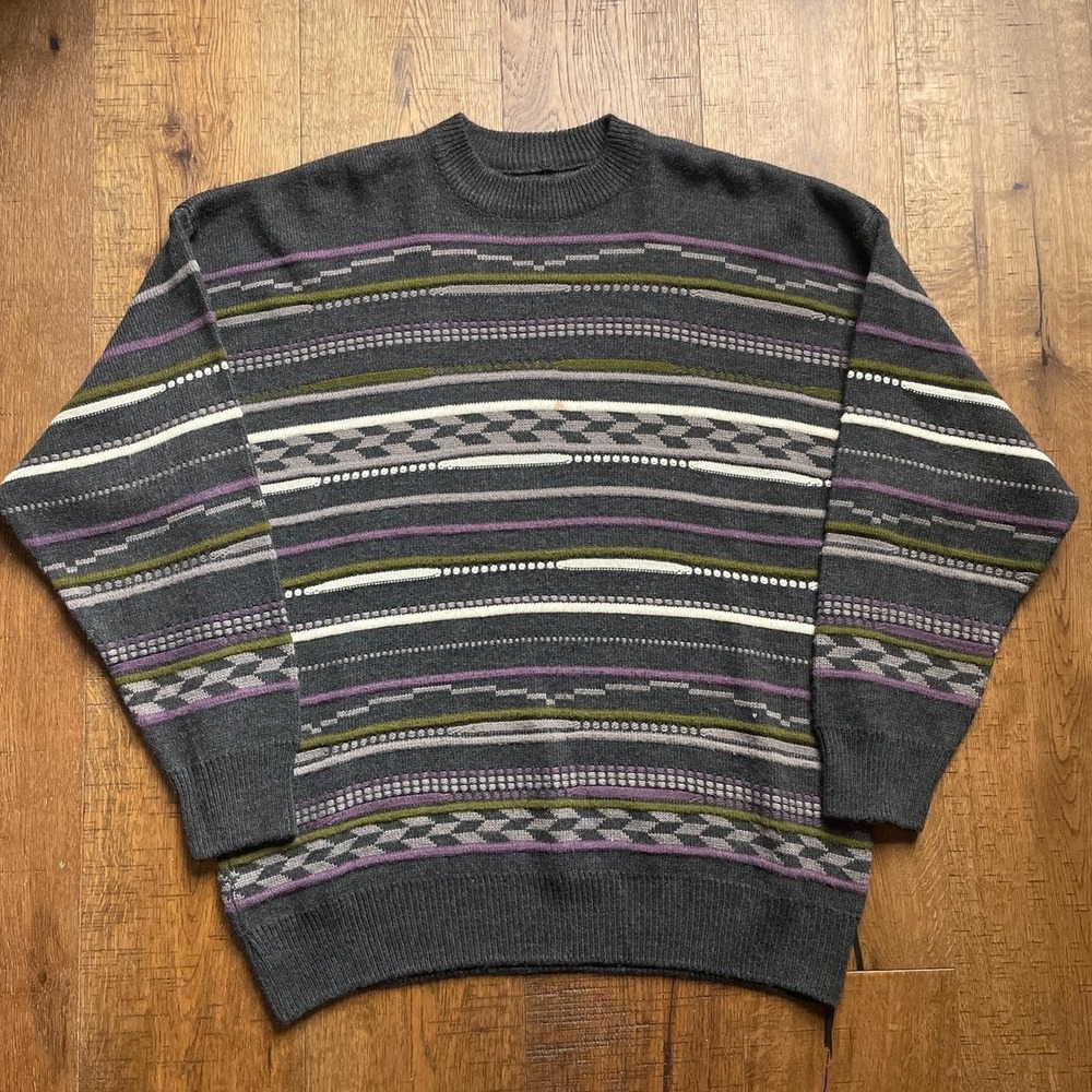 Elegance 3D Knit Sweater Mens L Grey Vintage 90s Grandpa Striped Crewneck